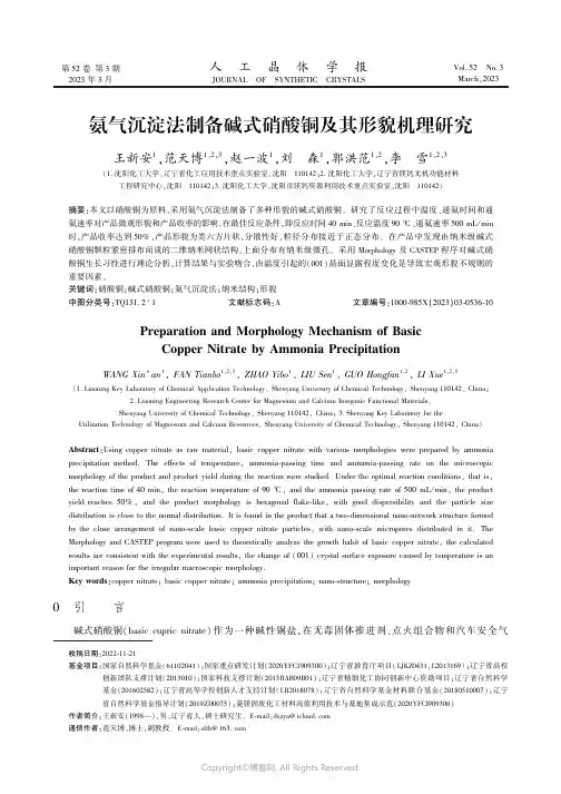 氨气沉淀法制备碱式硝酸铜及其形貌机理研究