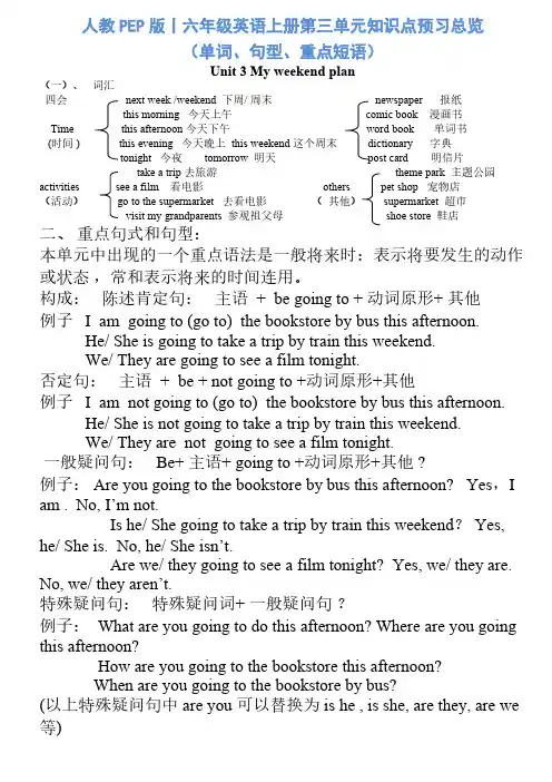 人教PEP版丨六年级英语上册第三单元知识点预习总览(单词、句型、重点短语)