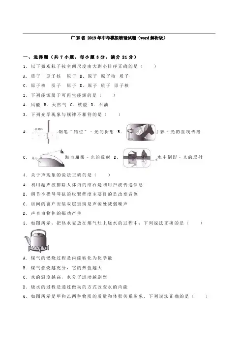 广东省2019年中考模拟物理试题(word解析版)