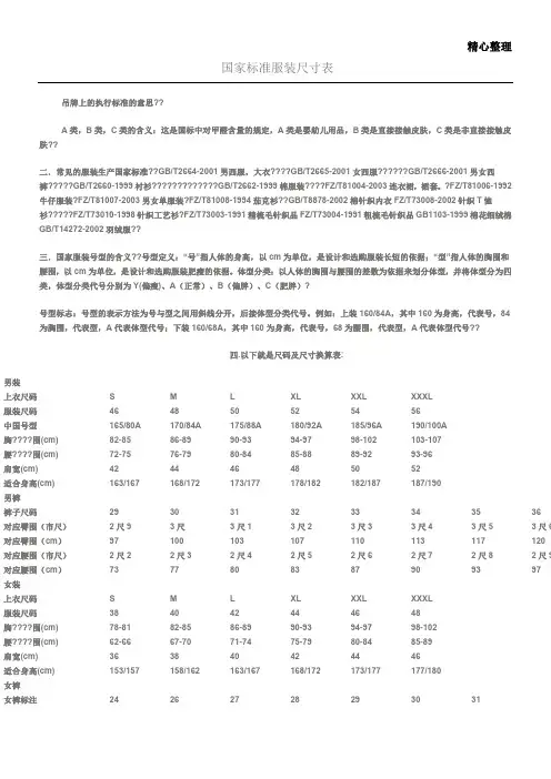 国家标准服装尺寸表