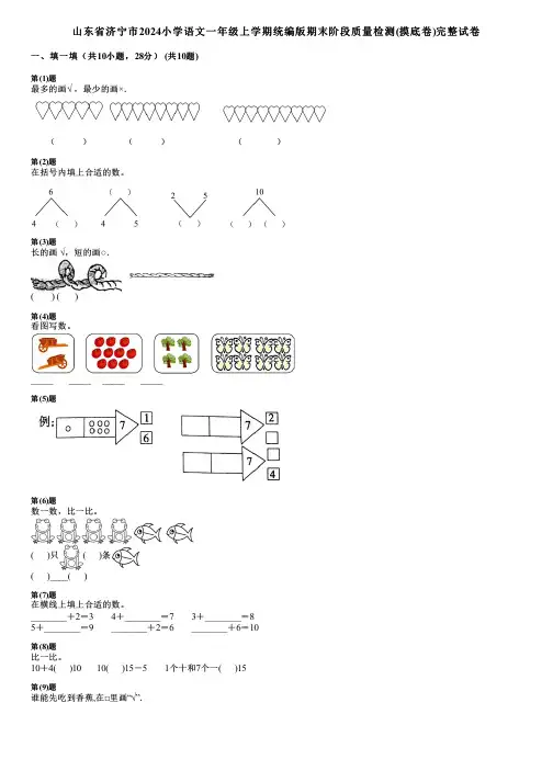 山东省济宁市2024小学数学一年级上学期统编版期末阶段质量检测(摸底卷)完整试卷