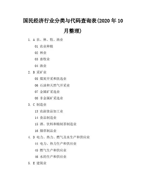 国民经济行业分类与代码查询表(2020年10月整理)