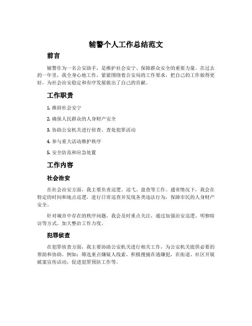 辅警个人工作总结范文