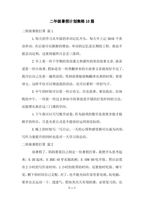 二年级暑假计划集锦10篇