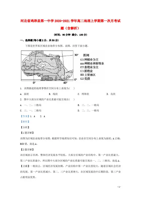 河北省鸡泽县第一中学2020_2021学年高二地理上学期第一次月考试题含解析