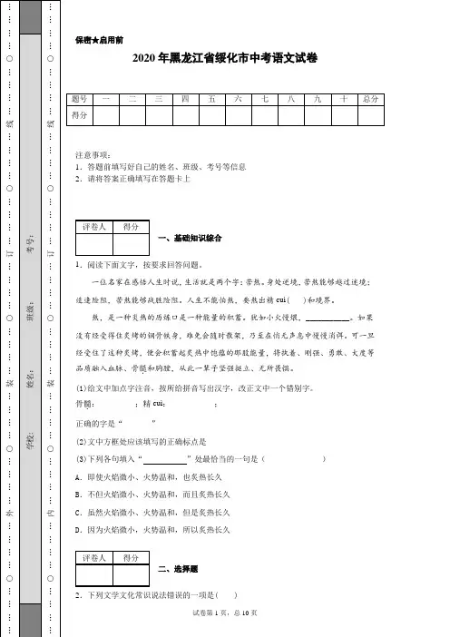 2020年黑龙江省绥化市中考语文试卷(含详细解析)