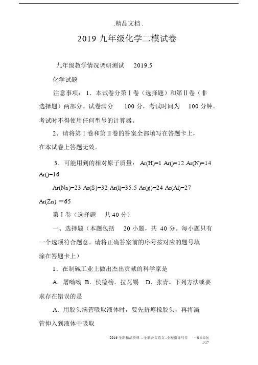2019九年级化学二模试卷.docx