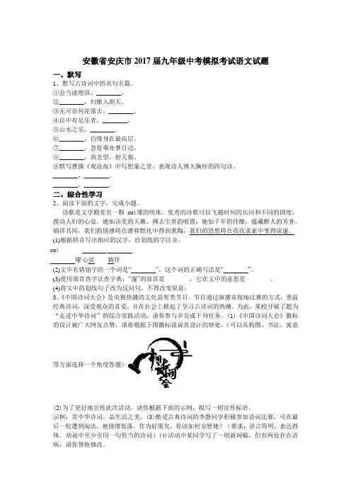 安徽省安庆市2017届九年级中考模拟考试语文试题(解析版)