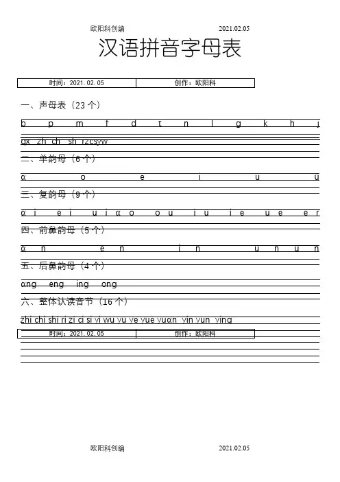 汉语拼音字母表——直接打印版-拼音表打印-汉语拼音打印之欧阳科创编