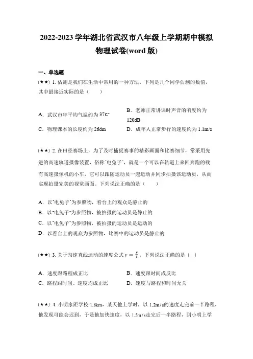 2022-2023学年湖北省武汉市八年级上学期期中模拟物理试卷(word版)