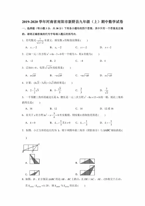 2019-2020学年河南省南阳市新野县九年级（上）期中数学试卷试题及答案（解析版）