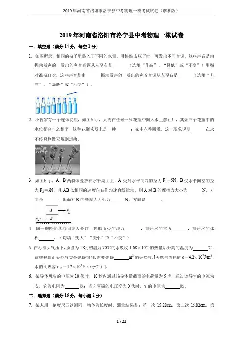 2019年河南省洛阳市洛宁县中考物理一模考试试卷(解析版)