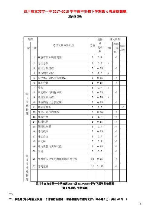 四川省宜宾市一中2017_2018学年高中生物下学期第4周周检测题(无答案)