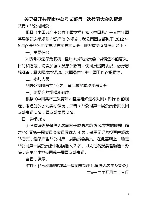关于召开中国共产主义青年团  公司团支部选举大会的请示