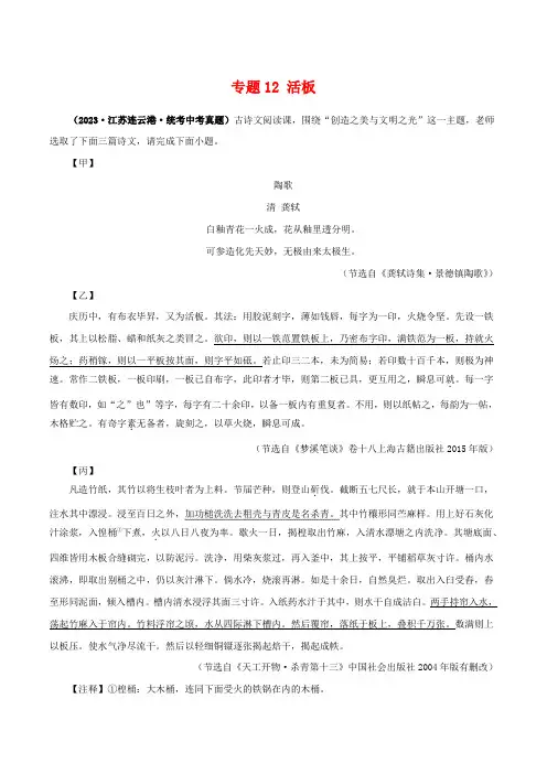 专题12 活板(解析版)-备战2024年中考语文之文言文对比阅读(全国通用)