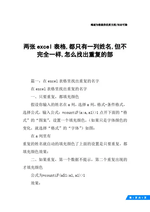 两张excel表格,都只有一列姓名,但不完全一样,怎么找出重复的部