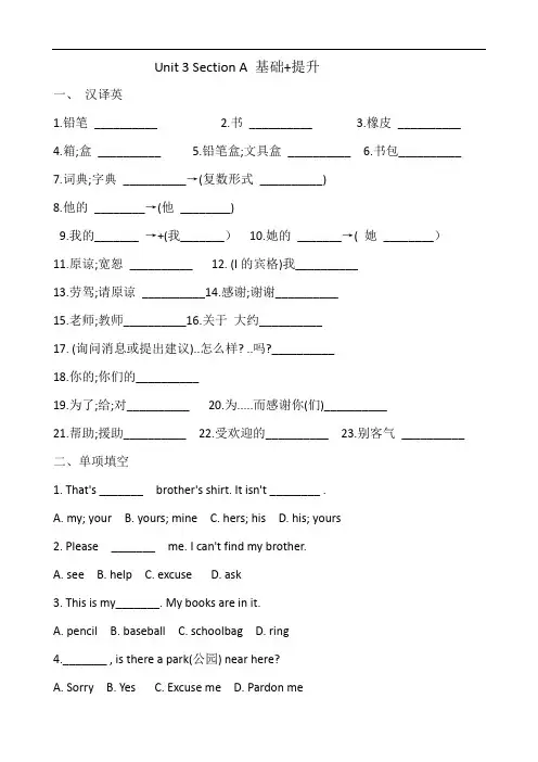 人教版七年级上Unit 3 Section A基础+提升(含答案)