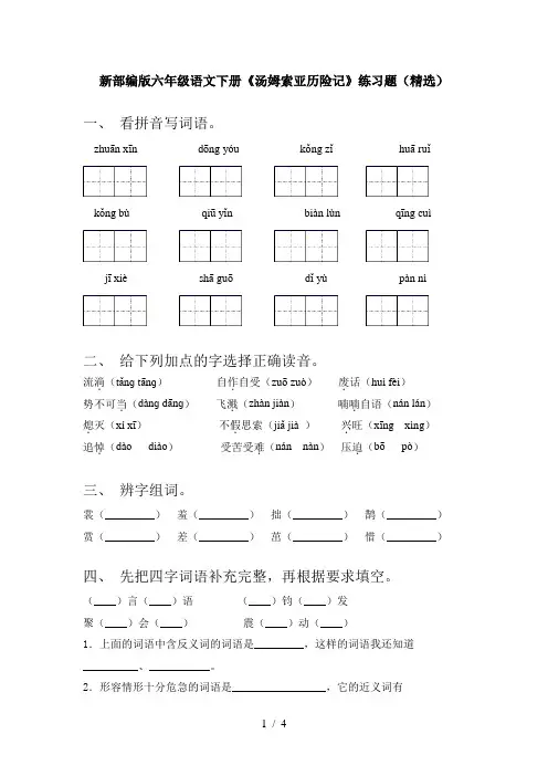 新部编版六年级语文下册《汤姆索亚历险记》练习题(精选)