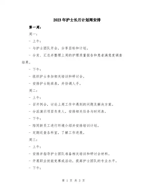 2023年护士长月计划周安排