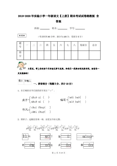 2019-2020年实验小学一年级语文【上册】期末考试试卷湘教版 含答案