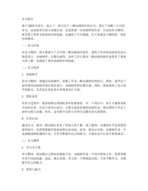 二维动漫实习报告