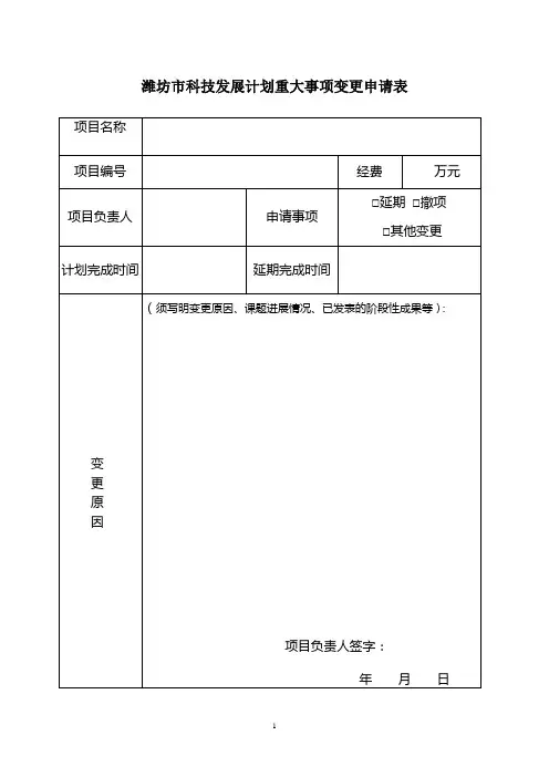 潍坊科技发展计划重大事项变更申请表