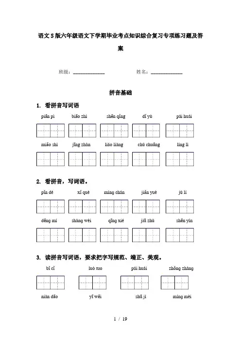 语文S版六年级语文下学期毕业考点知识综合复习专项练习题及答案