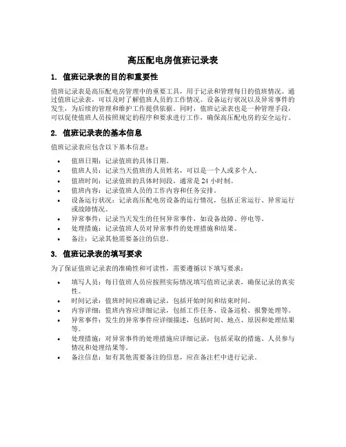 高压配电房值班记录表