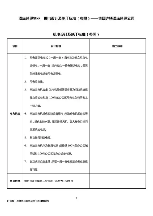 酒店管理物业  机电设计及施工标准(参照)——集团连锁酒店管理公司2032(叶予舜)