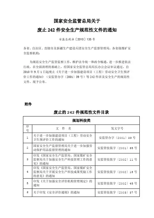 关于废止242件安全生产规范性文件的通知安监总政法〔2010〕135号