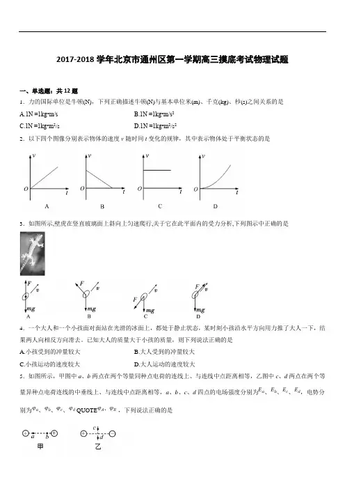 2019最新物理题库北京市通州区2018-2019学年第一学期高三摸底考试物理试题(解析版)