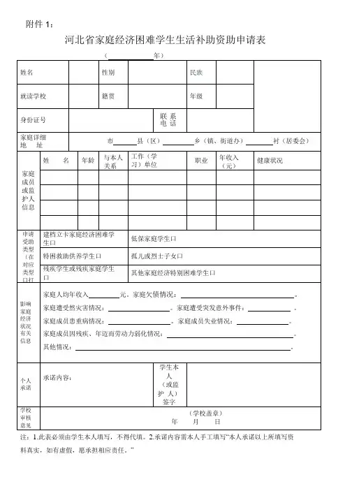 河北省家庭经济困难学生生活补助资助申请表