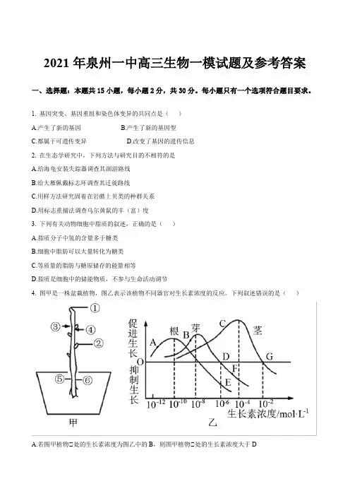 2021年泉州一中高三生物一模试题及参考答案