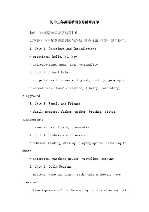 初中三年英语单词表总结可打印
