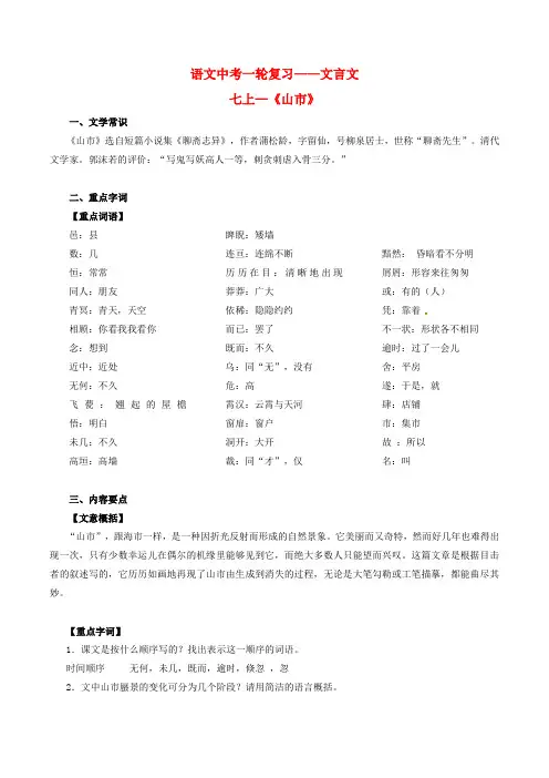 中考语文一轮复习讲练测 专题03 文言文 七上《山市》(讲练)(含解析)