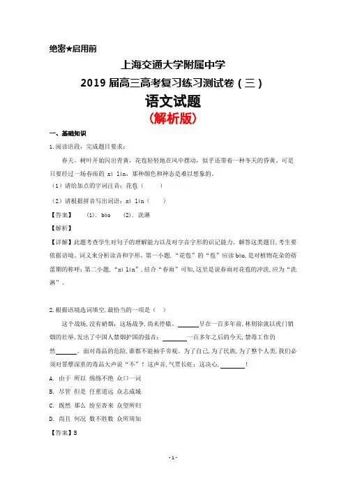 2019届上海交通大学附属中学高三高考复习练习测试卷(三)语文试题(解析版)