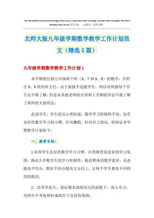 北师大版九年级学期数学教学工作计划范文(精选5篇)
