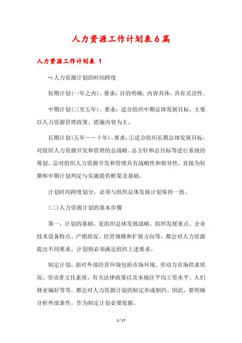 人力资源工作计划表6篇