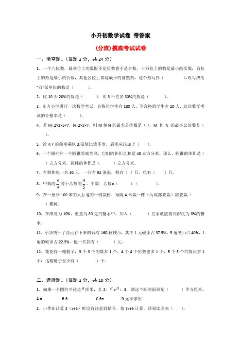 深圳小升初数学综合测试卷及参考答案