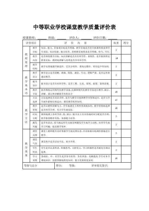 中等职业学校课堂教学质量评价表