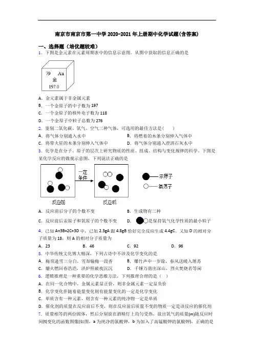 南京市南京市第一中学2020-2021年初三化学上册期中化学试题(含答案)