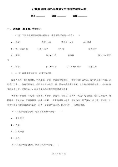 沪教版2020届九年级语文中考猜押试卷A卷