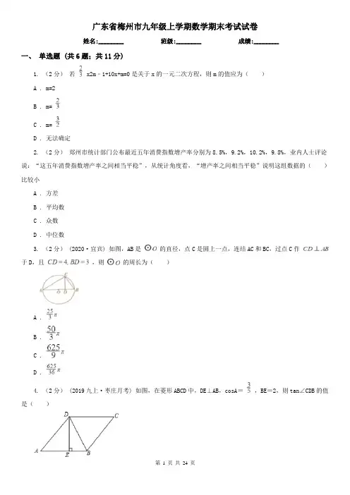 广东省梅州市九年级上学期数学期末考试试卷
