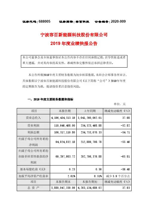 容百科技：2019年度业绩快报公告