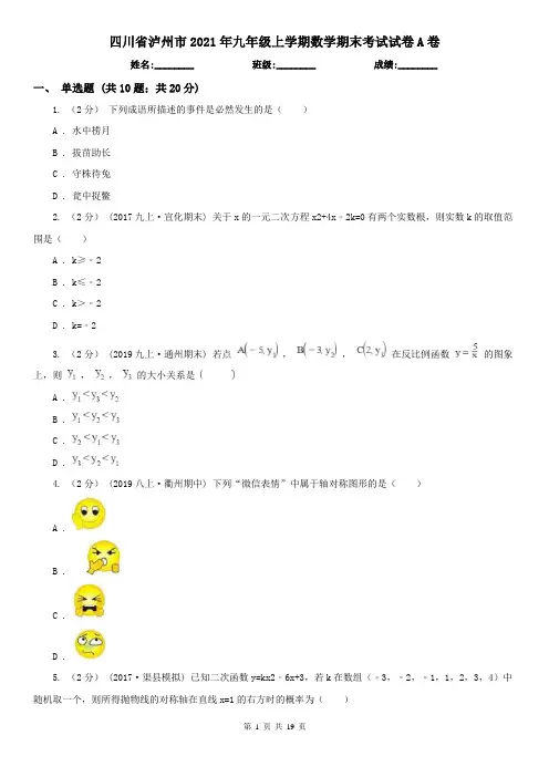 四川省泸州市2021年九年级上学期数学期末考试试卷A卷(新版)