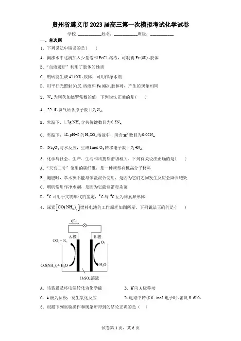 贵州省遵义市2023届高三第一次模拟考试化学试卷(含解析)