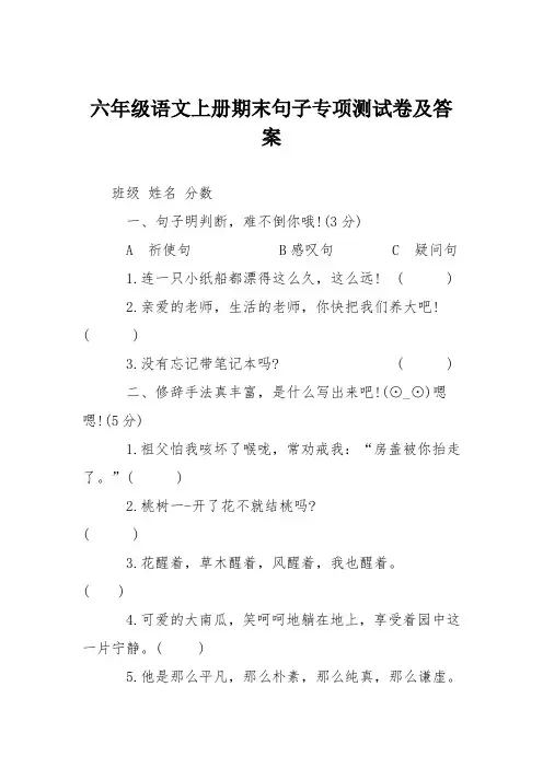 六年级语文上册期末句子专项测试卷及答案