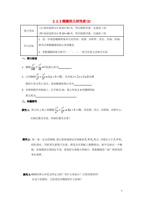 江苏省徐州市高中数学第二章圆锥曲线与方程2.2椭圆的几何性质(2)学案(无答案)苏教版选修1_1