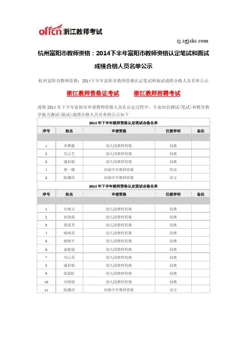 杭州富阳市教师资格：2014下半年富阳市教师资格认定笔试和面试成绩合格人员名单公示
