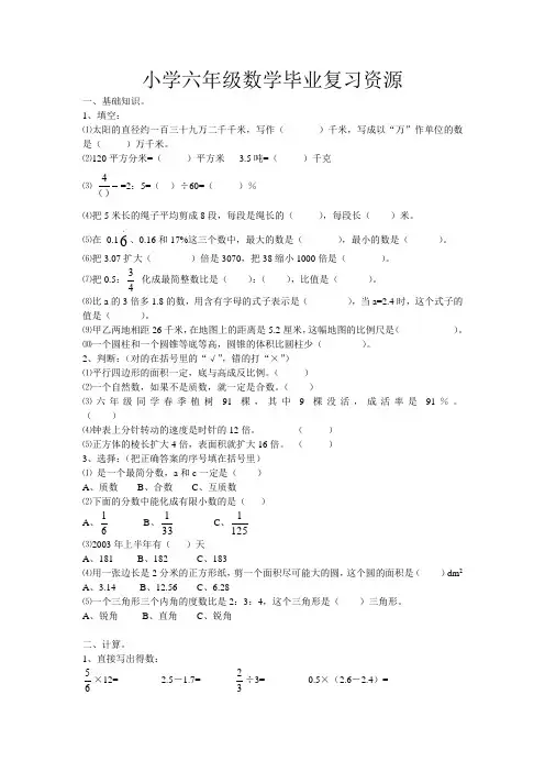 2020年小学六年级毕业考试数学模拟试卷(含解析版)
